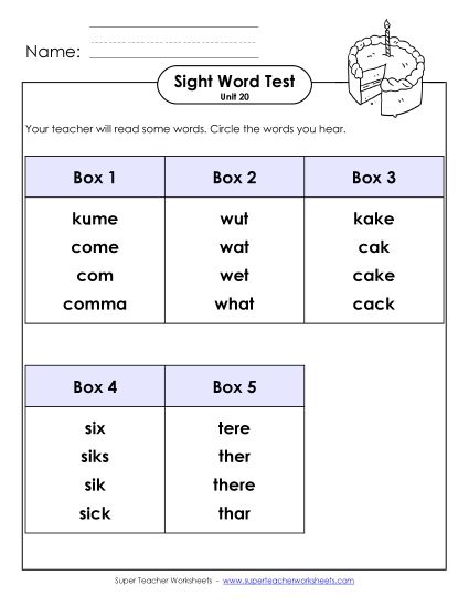 Sight Word Tests - Whole Class Test (Unit 20) (Printable PDF Worksheet)