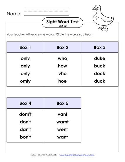 Sight Word Tests - Whole Class Test (Unit 22) (Printable PDF Worksheet)
