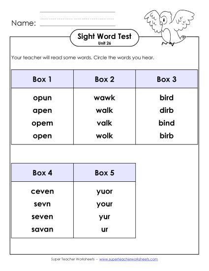 Sight Word Tests - Whole Class Test (Unit 26) (Printable PDF Worksheet)