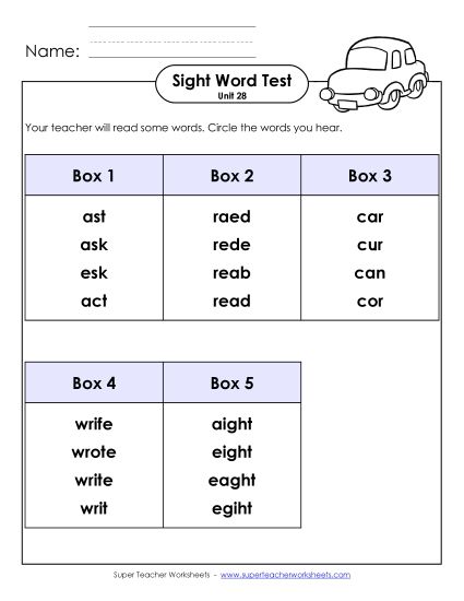 Sight Word Tests - Whole Class Test (Unit 28) (Printable PDF Worksheet)