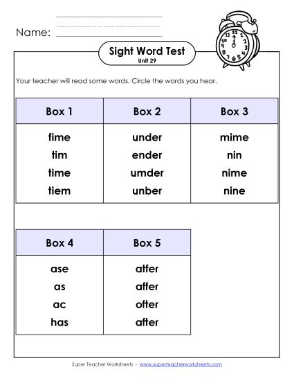 Sight Word Tests - Whole Class Test (Unit 29) (Printable PDF Worksheet)
