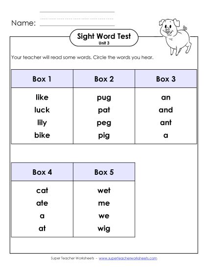 Sight Word Tests - Whole Class Test (Unit 3) (Printable PDF Worksheet)