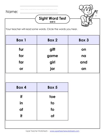 Sight Word Tests - Whole Class Test (Unit 5) (Printable PDF Worksheet)
