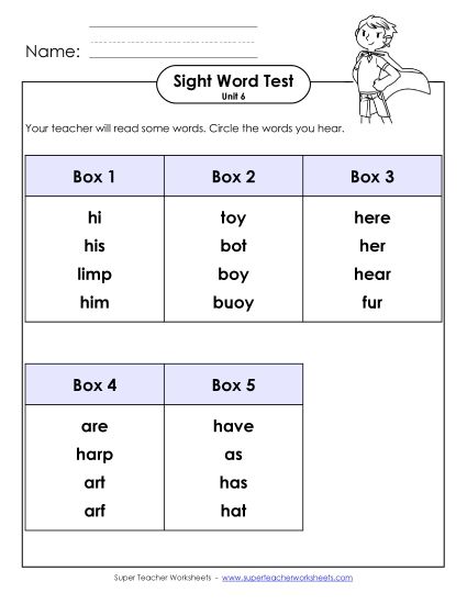 Sight Word Tests - Whole Class Test (Unit 6) (Printable PDF Worksheet)