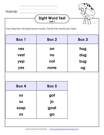 Sight Word Tests - Whole Class Test (Unit 7) (Printable PDF Worksheet)