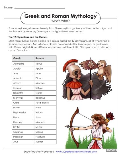 Charts - Who's Who of Greek and Roman Mythology (Printable PDF Worksheet)