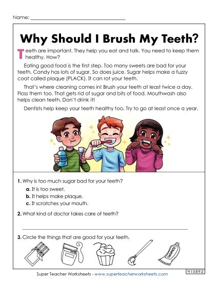 Reading Comprehension - Why Should I Brush My Teeth? (Short Article with Questions) (Printable PDF Worksheet)