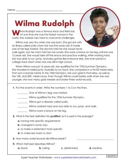 Reading Comprehension - Wilma Rudolph (Short Article) (Printable PDF Worksheet)