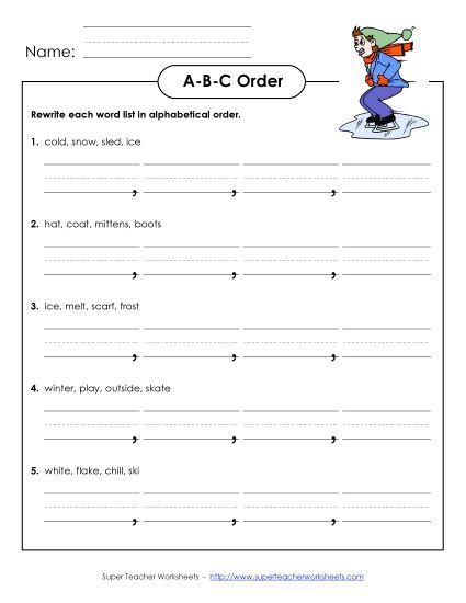 Basic ABC Order (First Letter Only) - Winter ABC Order (Basic) (Printable PDF Worksheet)