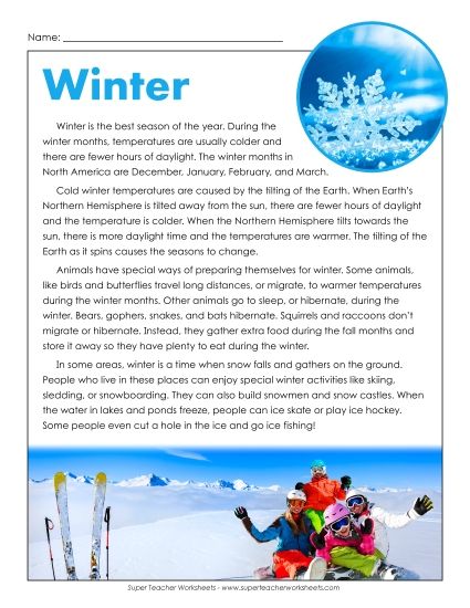 Reading Comprehension - Winter Months Passage (Printable PDF Worksheet)