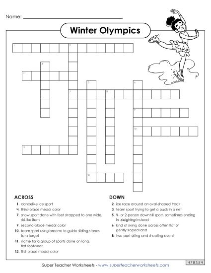 Word Puzzles - Winter Olympics Crossword Puzzle (Printable PDF Worksheet)