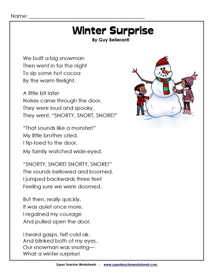 3rd Grade Poems - Winter Surprise (Poem) (Printable PDF Worksheet)