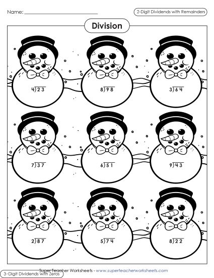 Winter Division Worksheets - Winter Theme Division - 1 and 2-digit Quotients (Printable PDF Worksheet)