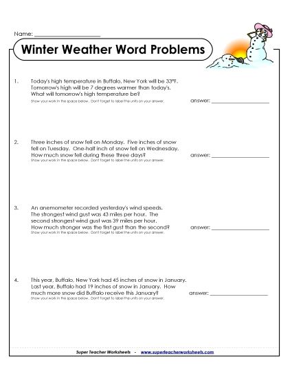 Winter Weather Word Problems (Printable PDF Worksheet)