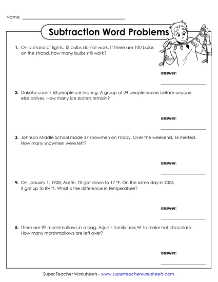 Winter Subtraction Worksheets - Winter Word Problems (Subtraction within 100) (Printable PDF Worksheet)