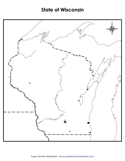 Maps - Wisconsin State Map (Blank Cities) (Printable PDF Worksheet)