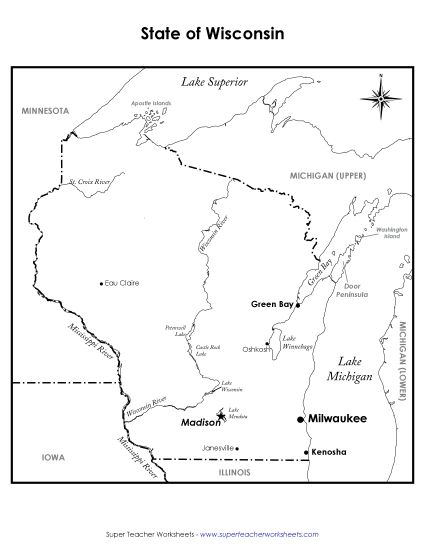 Maps - Wisconsin State Map (Labeled) (Printable PDF Worksheet)