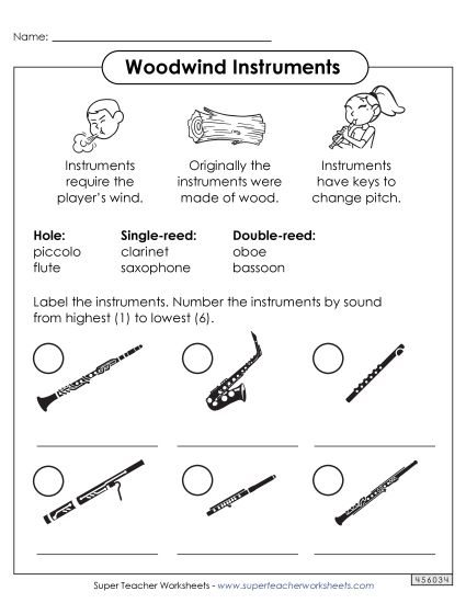 Worksheets - Woodwind Instruments (Printable PDF Worksheet)