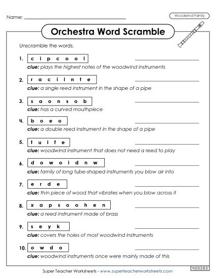 Word Puzzles - Woodwinds - Word Scramble (Printable PDF Worksheet)