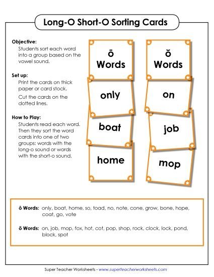 Word Card Sort 1: Long O, Short O (Printable PDF Worksheet)