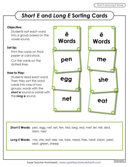 Word Card Sort: Long E, Short E (Printable PDF Worksheet)
