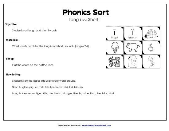 Word Card Sort: Long I, Short I (Printable PDF Worksheet)