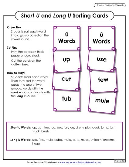 Word Card Sort: Long U, Short U (Printable PDF Worksheet)