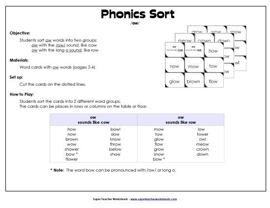 Word Card Sort: -ow Words (Printable PDF Worksheet)