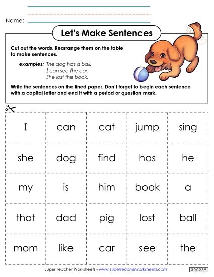 Build Sentences (With Word Cards) - Word Cards 1 (Printable PDF Worksheet)