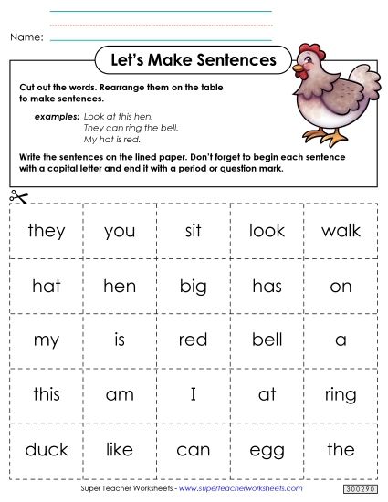 Build Sentences (With Word Cards) - Word Cards 2 (Printable PDF Worksheet)