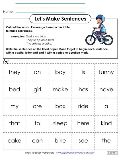 Build Sentences (With Word Cards) - Word Cards 3 (Printable PDF Worksheet)