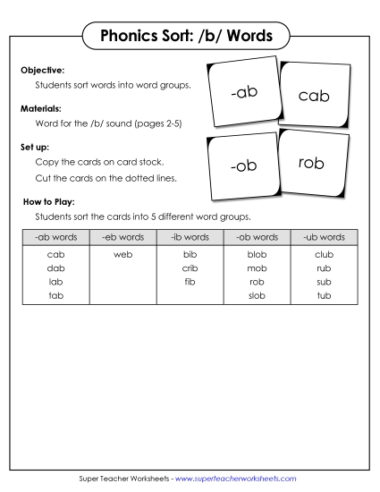 Card Games & Sorts - Word Family Sort - /b/ (Printable PDF Worksheet)