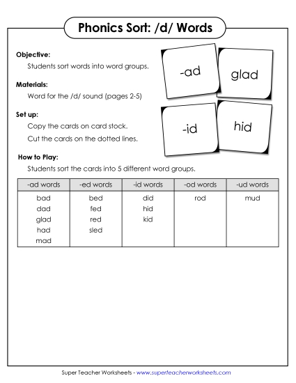 Card Games & Sorts - Word Family Sort - /d/ (Printable PDF Worksheet)
