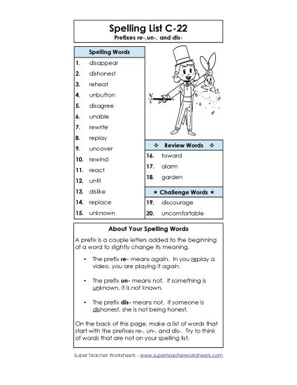Spelling List - Word List C-22 (Printable PDF Worksheet)