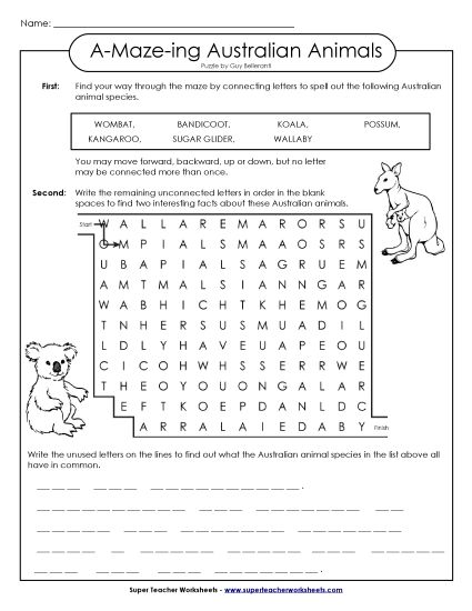 Worksheets - Word-Maze: Australian Animals (Printable PDF Worksheet)