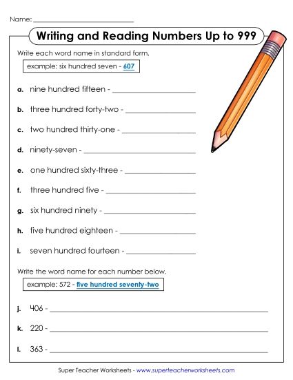 Place Value - Word Name (3-Digit) (Printable PDF Worksheet)