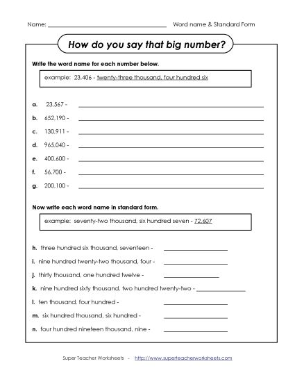 Place Value - Word Name (Hundred Thousands) (Printable PDF Worksheet)