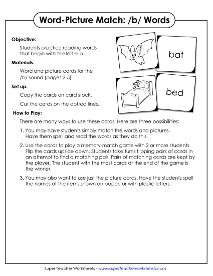 Card Games & Sorts - Word-Picture Match - /b/ Words (Printable PDF Worksheet)