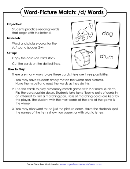 Card Games & Sorts - Word-Picture Match - /d/ Words (Printable PDF Worksheet)