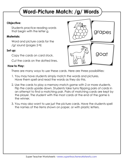 Card Games & Sorts - Word-Picture Match - /g/ Words (Printable PDF Worksheet)