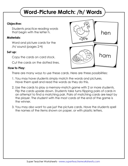Card Games & Sorts - Word-Picture Match - /h/ Words (Printable PDF Worksheet)