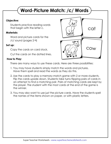 Card Games & Sorts - Word-Picture Match - Hard-C Words (Printable PDF Worksheet)