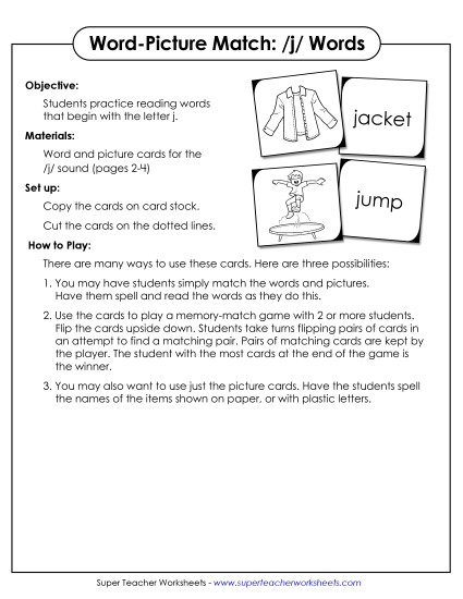 Card Games & Sorts - Word-Picture Match - /j/ Words (Printable PDF Worksheet)