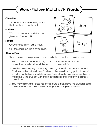 Card Games & Sorts - Word-Picture Match - /l/ Words (Printable PDF Worksheet)