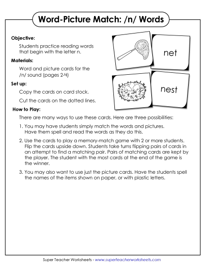 Card Games & Sorts - Word-Picture Match - /n/ Words (Printable PDF Worksheet)