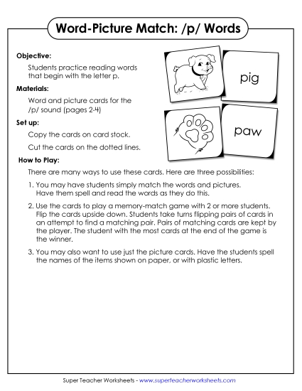 Card Games & Sorts - Word-Picture Match - /p/ Words (Printable PDF Worksheet)