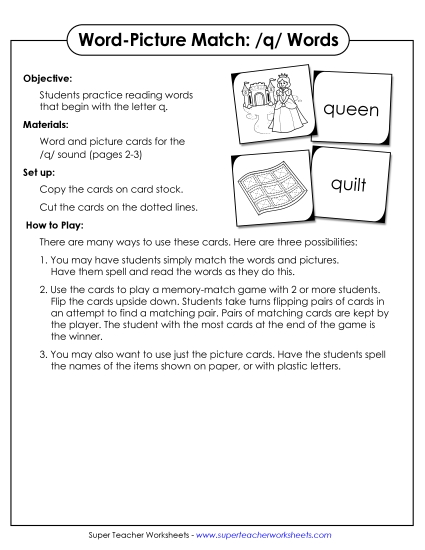 Card Games & Sorts - Word-Picture Match - Q Words (Printable PDF Worksheet)