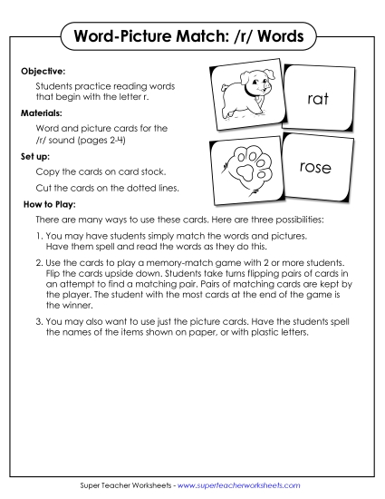Card Games & Sorts - Word-Picture Match - /r/ Words (Printable PDF Worksheet)