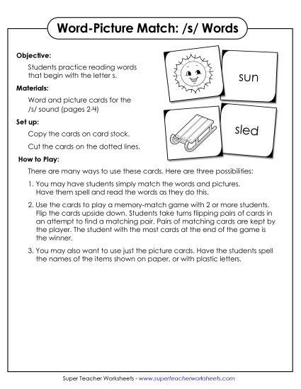 Card Games & Sorts - Word-Picture Match - /s/ Words (Printable PDF Worksheet)