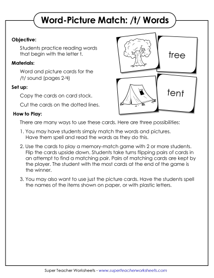 Card Games & Sorts - Word-Picture Match - /t/ Words (Printable PDF Worksheet)